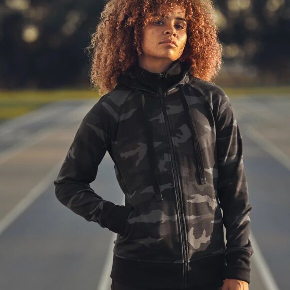 Athleta Triumph Hoodie Sweatshirt Full Front Zip Black Camo Women's Size XXS - Picture 2 of 11